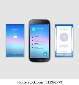 Modern user interface UX, UI screen template for mobile smart phone or responsive web site. Mobile Screens User Interface Kit.  Welcome, onboarding, login, sign-up and home page layout.