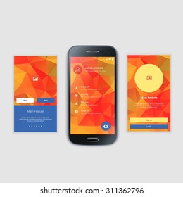 Modern user interface UX, UI screen template for mobile smart phone or responsive web site. Mobile Screens User Interface Kit.  Welcome, onboarding, login, sign-up and home page layout.
