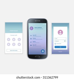 Modern user interface UX, UI screen template for mobile smart phone or responsive web site. Mobile Screens User Interface Kit.  Welcome, onboarding, login, sign-up and home page layout.