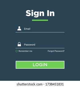 Modern user login form menu or page interface design with green color theme and icons. Sign up template for website, mobile, and apps development. Vector Eps 10 illustration