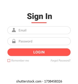 Modern user login form menu or page interface design with red color theme and icons. Sign up template for website, mobile, and apps development. Vector Eps 10