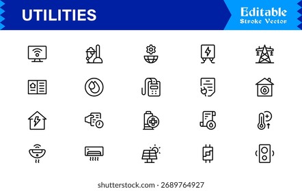 Modern Utilities Line Icon Pack with Professional Minimal Design, Unique Vector Outline Set Featuring Essential Household, Energy, and Maintenance Symbols for Premium Projects