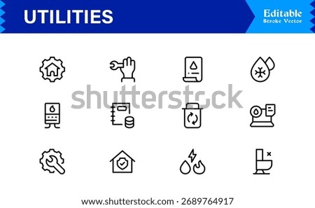 Modern Utilities Line Icon Pack with Professional Minimal Design, Unique Vector Outline Set Featuring Essential Household, Energy, and Maintenance Symbols for Premium Projects