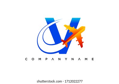 Modern V Letter flying, logistic and  travel company logo. creative emblem  aircraft design. initial brand template.