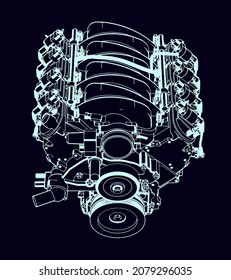 Moderner V8-Motor. Rahmenstil. technischer Hintergrund. Vektorgrafik.