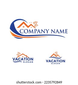 Vector del logotipo de las vacaciones modernas. Con palmera y techo de casa. Para una habitación privada, pensión kost, la familia toma un descanso de viaje de vacaciones y sale a planear. Agencia de hospedaje profesional se aplica al sitio web