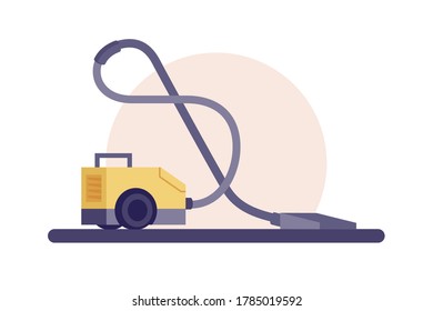 Ilustración vectorial moderna de la aspiradora. Equipamiento para la limpieza de apartamentos de estilo plano. Boquilla especial en el tubo. Tecnología eléctrica y concepto de pureza. Aislado sobre fondo blanco
