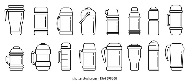 Modern vacuum insulated water bottle icons set. Outline set of modern vacuum insulated water bottle vector icons for web design isolated on white background