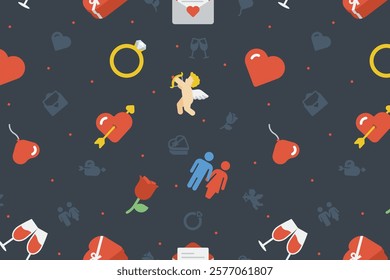 Modern Valentine seamless pattern with heart balloons, cherubs, and love letters on a dark background.