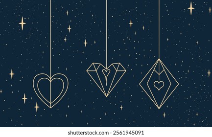 Modern Valentine's Day card with a navy blue background, featuring three geometric hanging ornaments in gold: one heart, one diamond, and one star