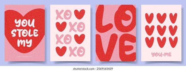Modern Valentine's Day cards. Trendy vector minimalist posters with typography design and hearts for Valentine's Day party, banner, ads, branding, poster, cover, sale, social media.