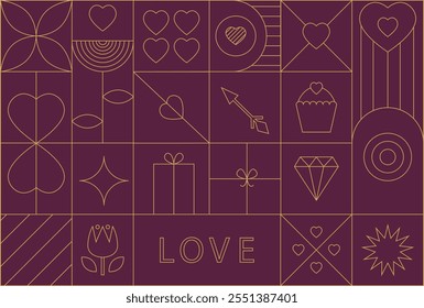 Modern Valentine's day geometric background with simple line elements. Creative abstract bauhaus design. Vector illustration