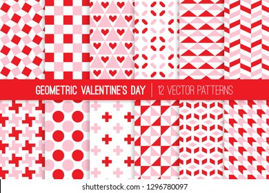 Modern Valentine's Day Geometric Vector Patterns. Red Pink White Bold Geo Prints for Wrapping Paper or Card-making. Holiday Backgrounds. Repeating Pattern Tile Swatches Included.