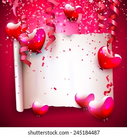 Modern Valentine's Day greeting card with glossy heart-shaped balloons and old paper with place for your message 