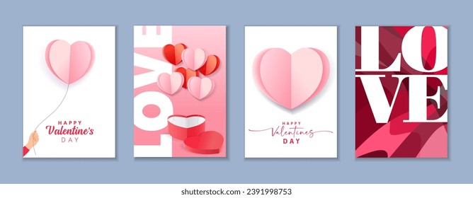 Modernas tarjetas de felicitación o afiches para San Valentín. 3 d corazones de papel rosa con caja de regalo, tipografía AMOR sobre fondo geométrico. Banners de venta de amor o diseño de promoción