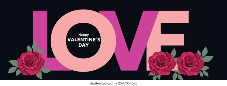 Cartaz moderno do Dia dos Namorados com rosas. Modelo de design com logotipo tipográfico de Amor em estilo moderno de sobreposição para celebração e decoração de temporada, branding, banner, capa, etiqueta, cartão