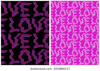 Moderno patrón transparente vector del día de San Valentín con "AMOR" rosa y blanco hecho de líneas onduladas en un fondo negro y morado. Resumen Impresión de amor. Conjunto de 2 Diseños Repetibles Románticos Sencillos. RGB.