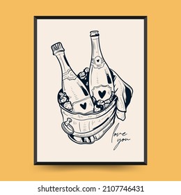 Moderner Valentinstag, vertikaler Flyer oder Plakatvorlage. Liebe handgezeichnete trendige Illustration.