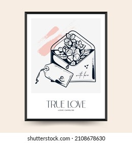 Modern Valentine's day vertical flyer or poster template. Love hand drawn trendy illustration.