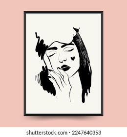 Modern Valentine's day vertical flyer or poster template. Love hand drawn trendy illustration.