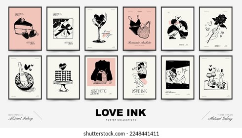 Modern Valentine's day vertical flyer or poster template set. Love hand drawn trendy illustration.