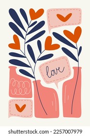 Modern Valentine's day vertical flyer or poster template. Love hand drawn trendy illustration.