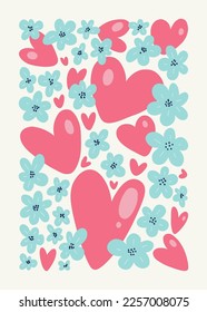 Modern Valentine's day vertical flyer or poster template. Love hand drawn trendy illustration.