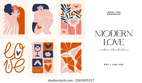 Modern Valentine's day vertical flyer or poster template. Love hand drawn trendy illustration.