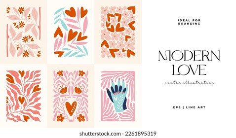 Modern Valentine's day vertical flyer or poster template. Love hand drawn trendy illustration.