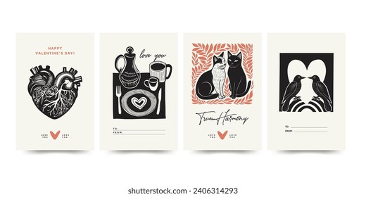 Modern Valentine's day vertical flyer, postcard or poster template. Love hand drawn trendy illustration.