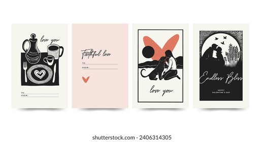 Modern Valentine's day vertical flyer, postcard or poster template. Love hand drawn trendy illustration.