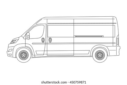 Modern Van Blueprint - Side View. Outline Version. Vector.