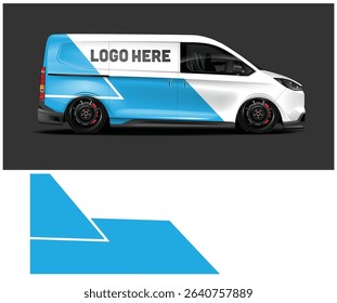 Modern van mockup with blue and white geometric design, perfect for branding and advertising purposes.