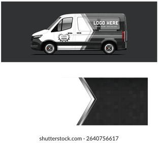 Modern van mockup with customizable black and white livery design, perfect for branding and advertising.