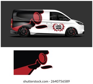 Modern van wrap design with a gavel graphic and space for a logo. Perfect for auction, legal, or judicial services.