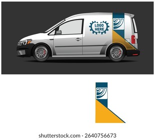 Modern van wrap design template with blue, gold, and white color scheme. Perfect for small business branding.