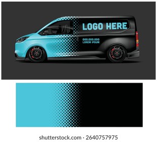 Modern van wrap design template with a teal and black halftone pattern, perfect for branding and advertising.