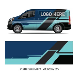 Modern van wrap design template with blue, teal, and black geometric patterns. Perfect for branding and advertising.