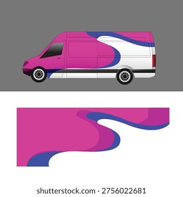 A modern van wrap with a minimalist abstract style using subtle wave shapes in pink, blue, and white.