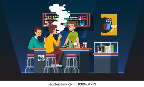 Modern Vape Shop Bar Barman Serving Smokers Bottles Of Liquid Vaping Juices From Shelves. Vapers Sitting At Store Counter Smoking Electronic Vaporizer Cigarettes. Flat Vector Illustration Isolated