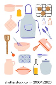 Modern various cute kitchen cooking utensils and baking elements illustration