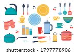 Modern various kitchen tools flat icon set logo