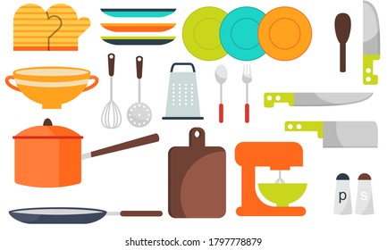 Modern various kitchen tools flat icon set logos
