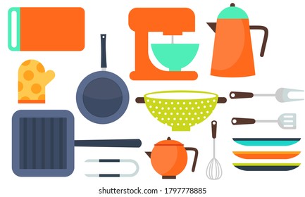 Modern various kitchen tools flat icon set logos