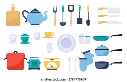 Modern various kitchen tools flat icon set logos