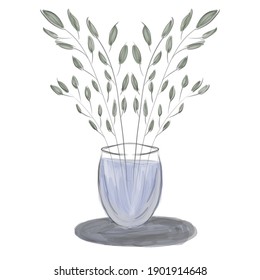 Modern vase with leaves. Minimal trendy vector art flat illustration. Vector illustration of a bottle with a plant inside. Abstraction.