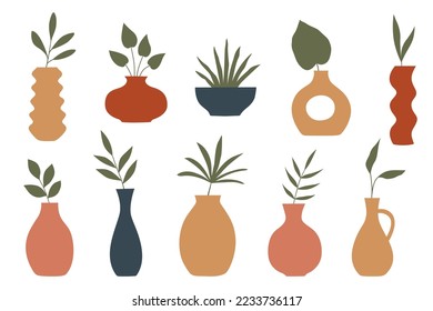 Modern vase set with a plant leaves isolated on a white background. Vector elements mid-century modern style earth tones