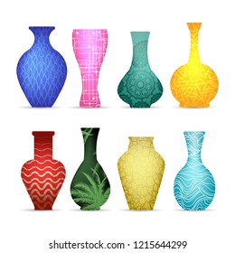 Modern vases. Ceramic vase set for interior, porcelain objects for decorative pottery style closeup on white