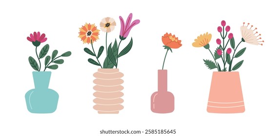 Modern vases with flower bouquets. Blooming flower bouquets, plants in ceramic jugs. Nature home decoration. Vector illustration of spring, summer flower arrangements