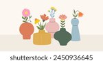 Modern vases with Flower bouquets composition. Blooming Floral bunches, plants in ceramic pitchers. Nature home decoration. Spring and summer field, garden blooms arrangements. Vector illustration